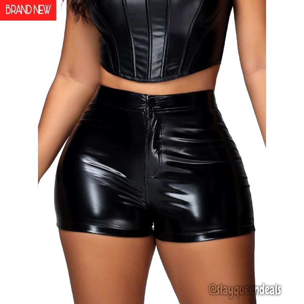 High Waist Faux Leather Stretchy Mini Shorts with Metallic Finish